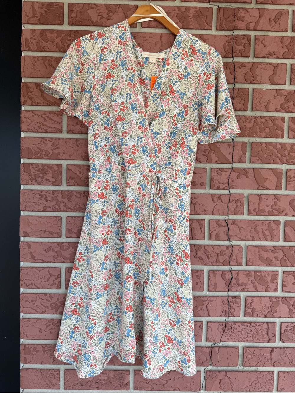 Monteau Floral Tie-Waist Midi Dress in Cream, Coral & Blue